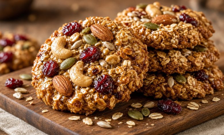 Stack of nut and seed granola cookies with oats, pumpkin seeds, and cranberries