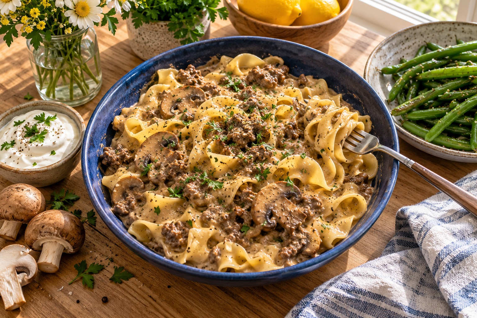 One-pan ground beef stroganoff with egg noodles and mushrooms in a skillet