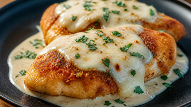 Parmesan crusted chicken breasts with melted cheese and parsley on a dark plate