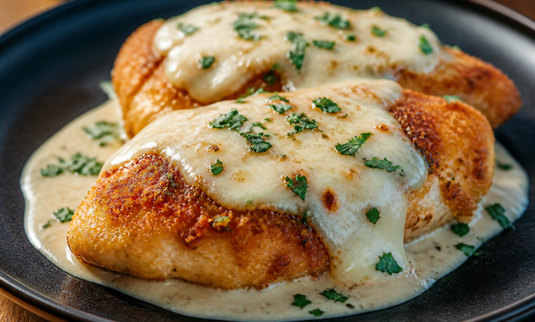 Parmesan crusted chicken breasts with melted cheese and parsley on a dark plate