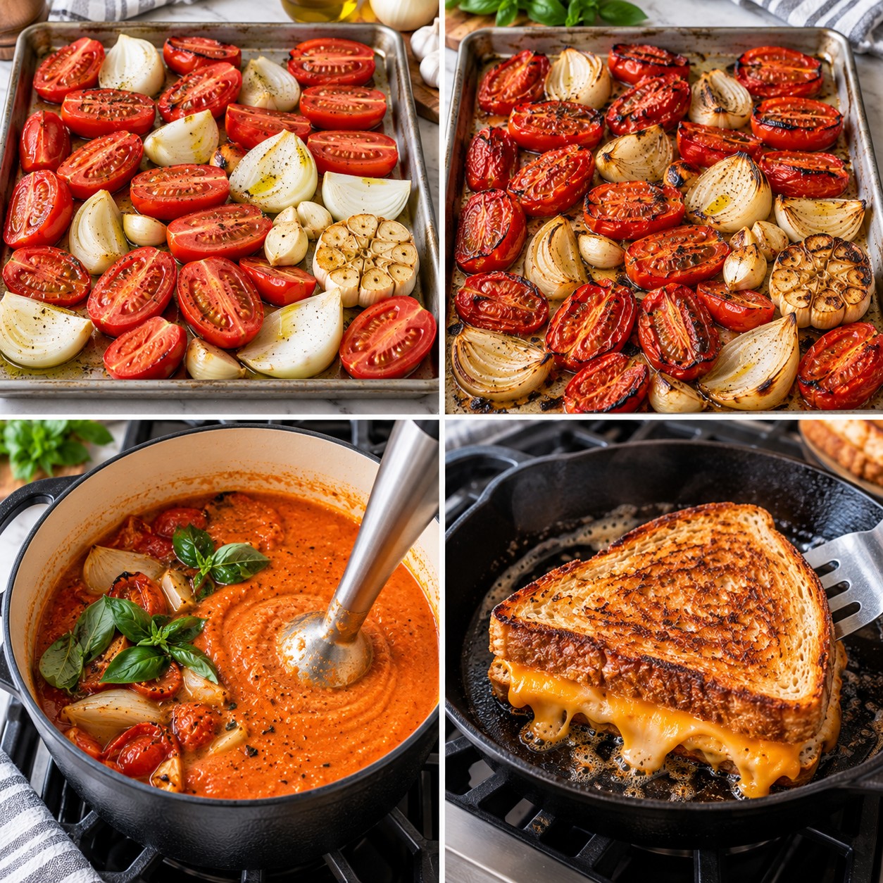 Step-by-step photos of making roasted tomato soup with grilled cheese