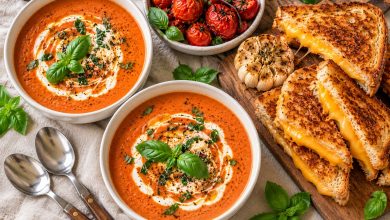 Roasted tomato soup with basil and a grilled cheese sandwich