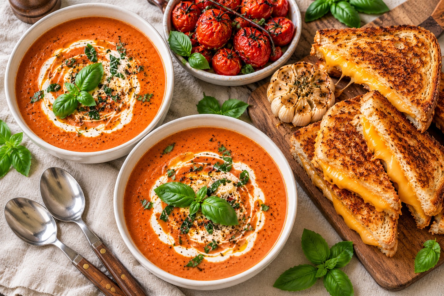 Roasted tomato soup with basil and a grilled cheese sandwich