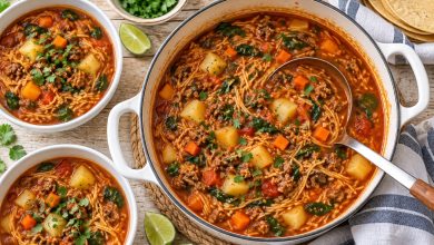 Sopa de fideo with ground beef, potatoes, carrots and spinach in a tomato broth