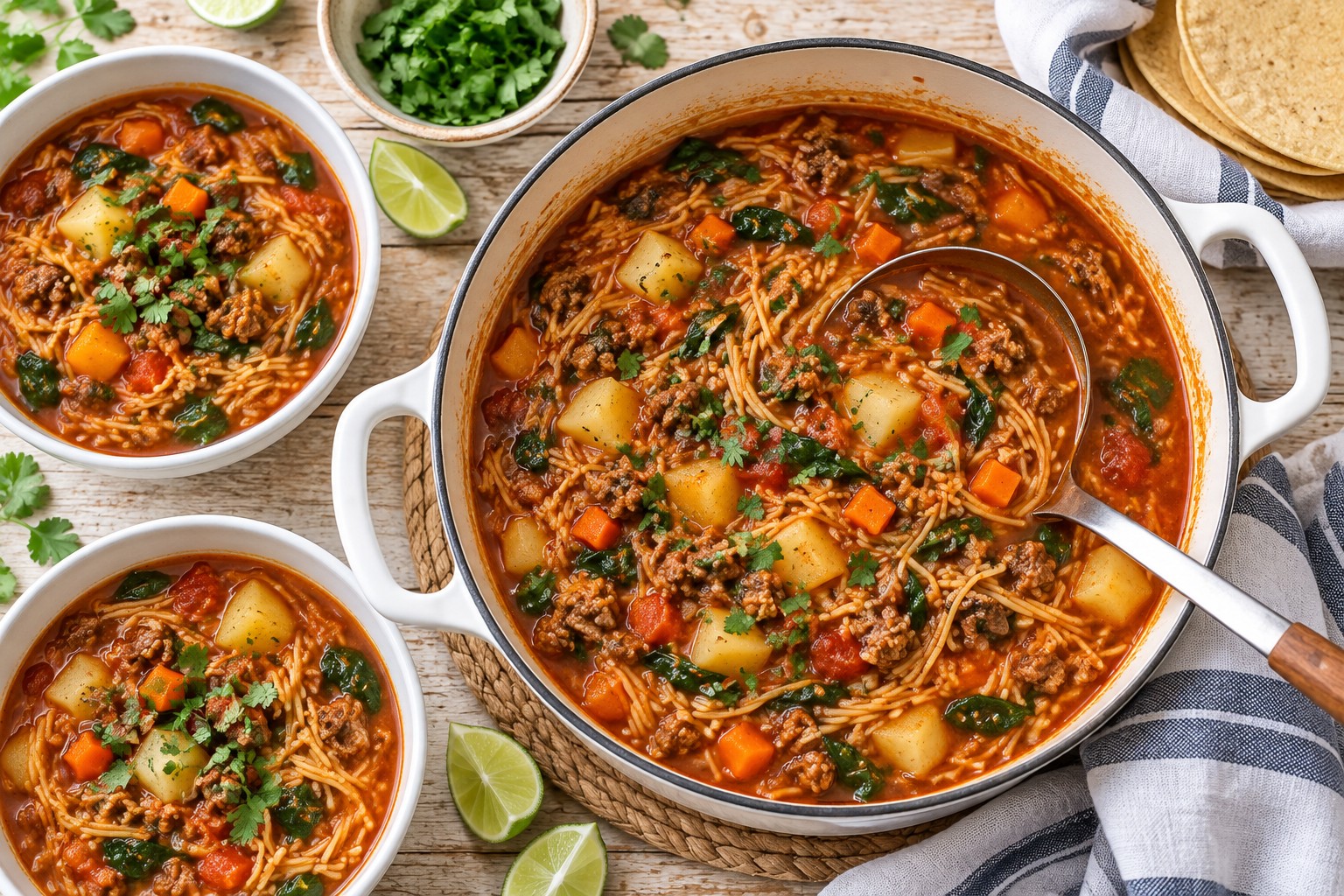 Sopa de fideo with ground beef, potatoes, carrots and spinach in a tomato broth