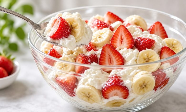 Bowl of strawberry banana cheesecake salad with fresh fruit and creamy filling