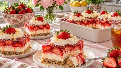 Sugar-free no-bake strawberry delight squares with cheesecake layer and fresh strawberries