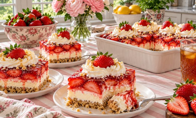 Sugar-free no-bake strawberry delight squares with cheesecake layer and fresh strawberries