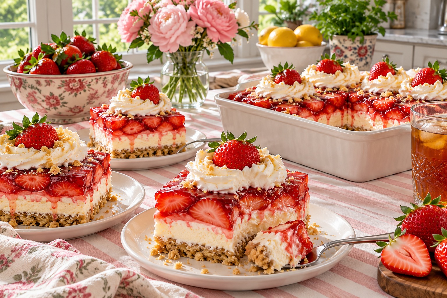 Sugar-free no-bake strawberry delight squares with cheesecake layer and fresh strawberries