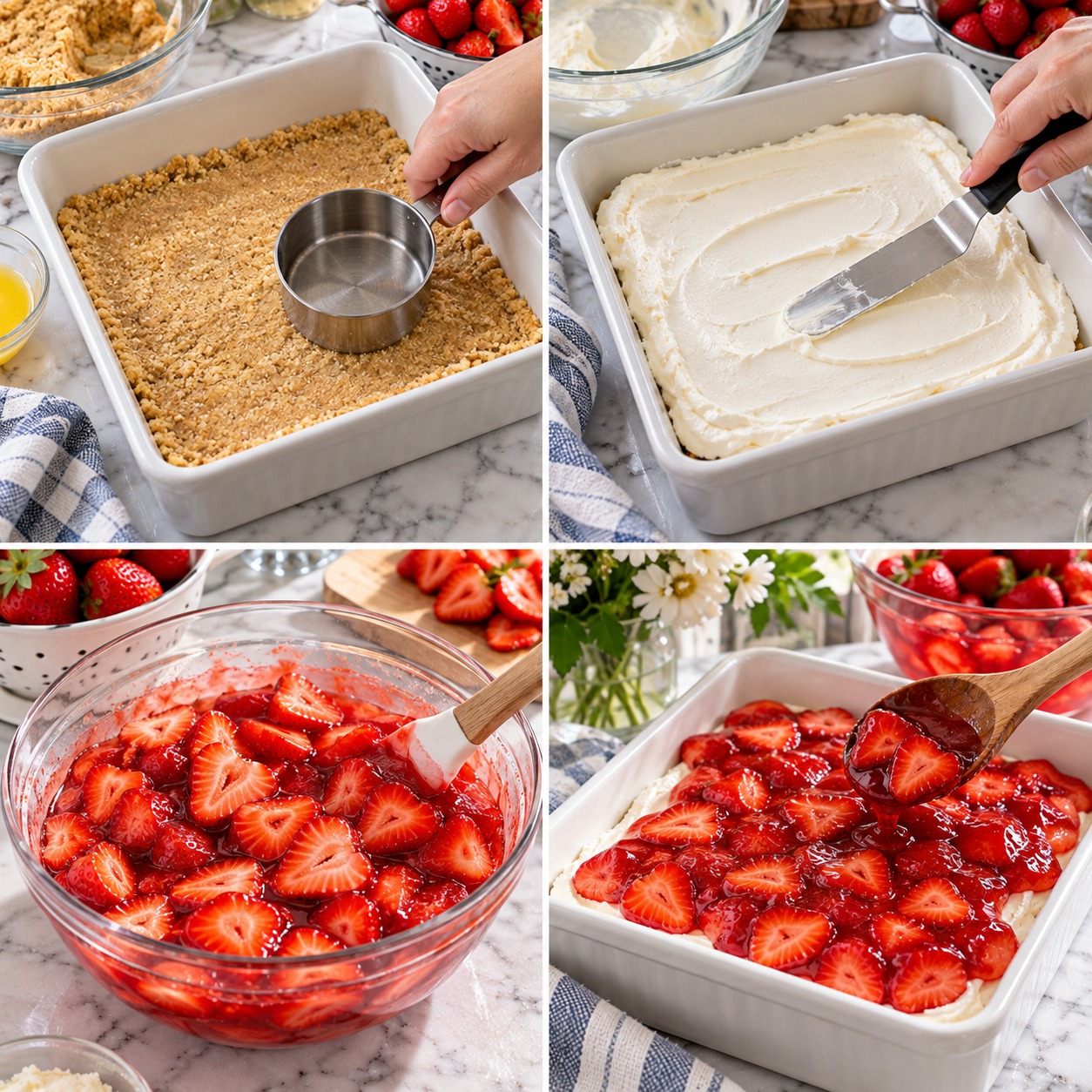 Step-by-step photos of making sugar-free no-bake strawberry delight