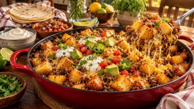 Taco potato skillet with crispy potatoes, ground beef, melted cheese, sour cream and avocado
