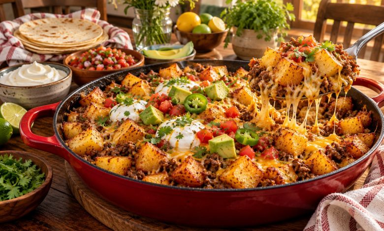 Taco potato skillet with crispy potatoes, ground beef, melted cheese, sour cream and avocado