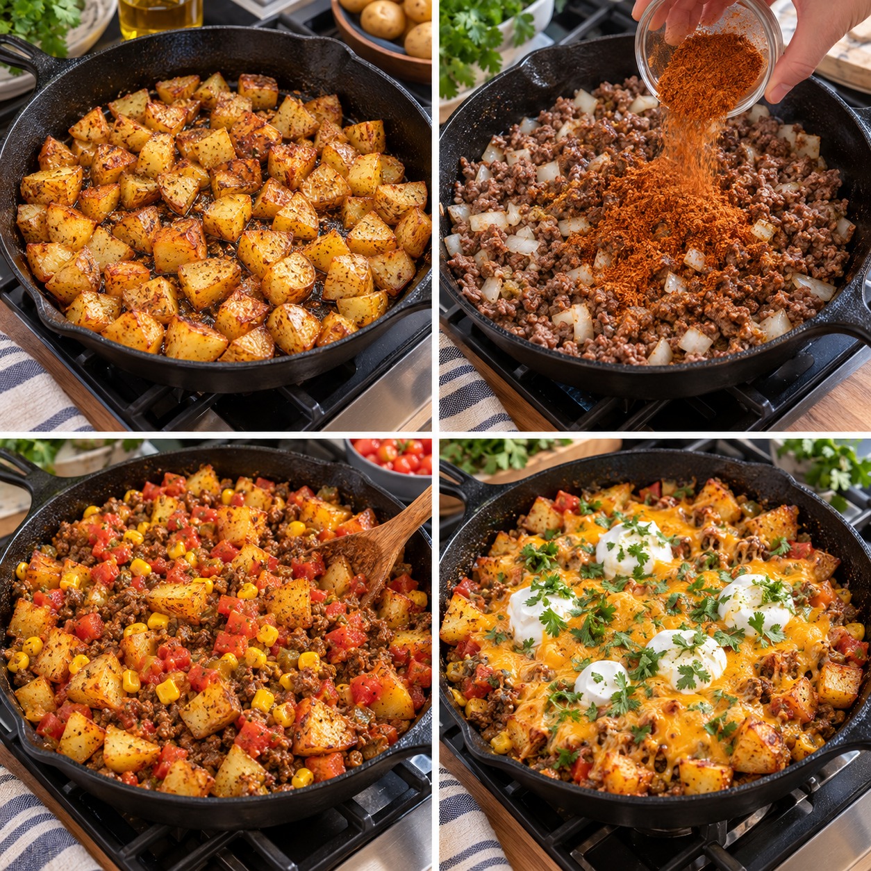 Step-by-step photos of making taco potato skillet