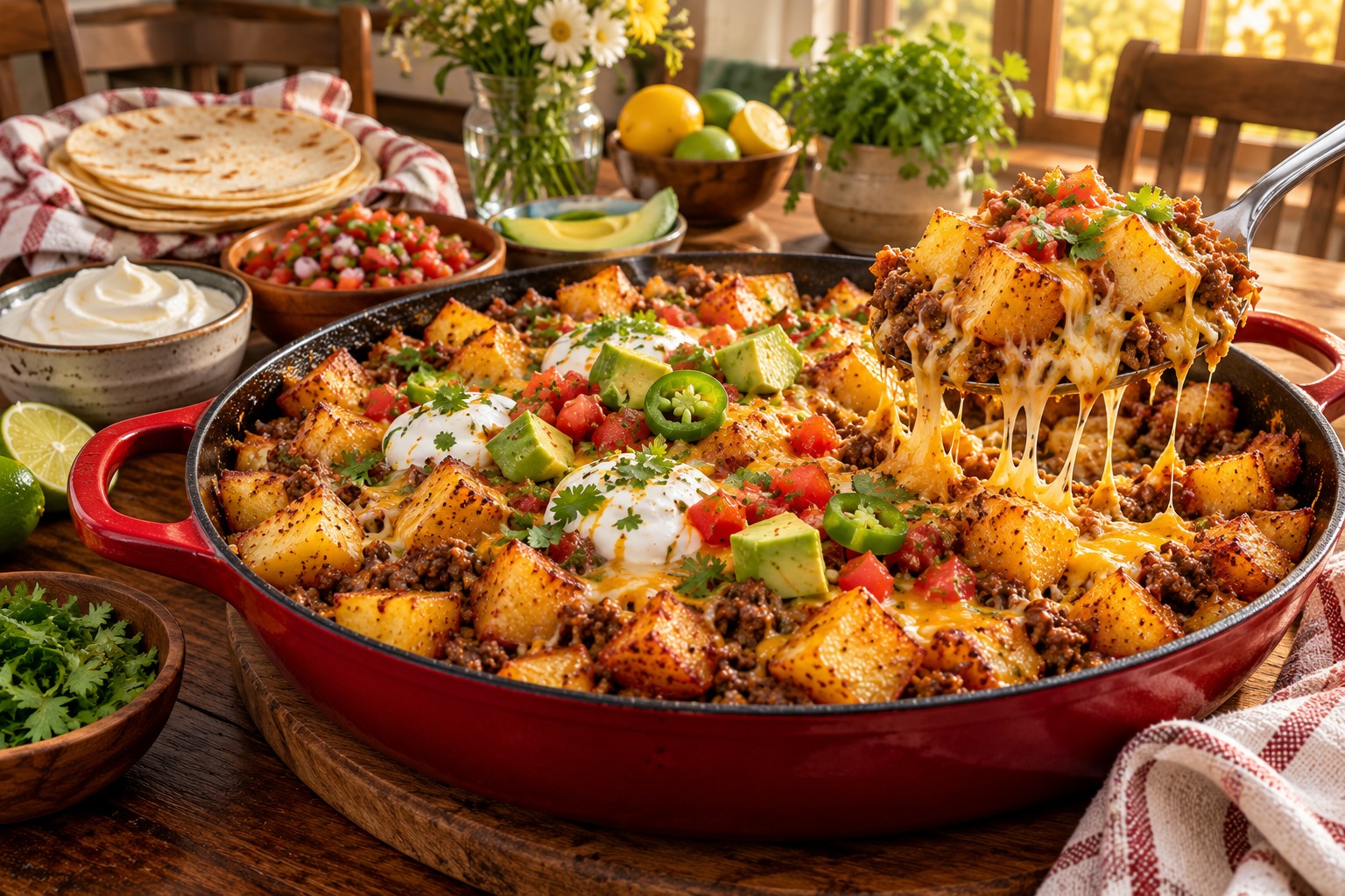 Taco potato skillet with ground beef, melted cheese, sour cream and cilantro