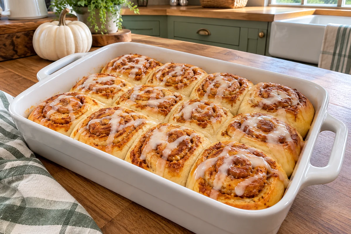 Pumpkin cream cheese crescent rolls with cream cheese glaze in a baking dish