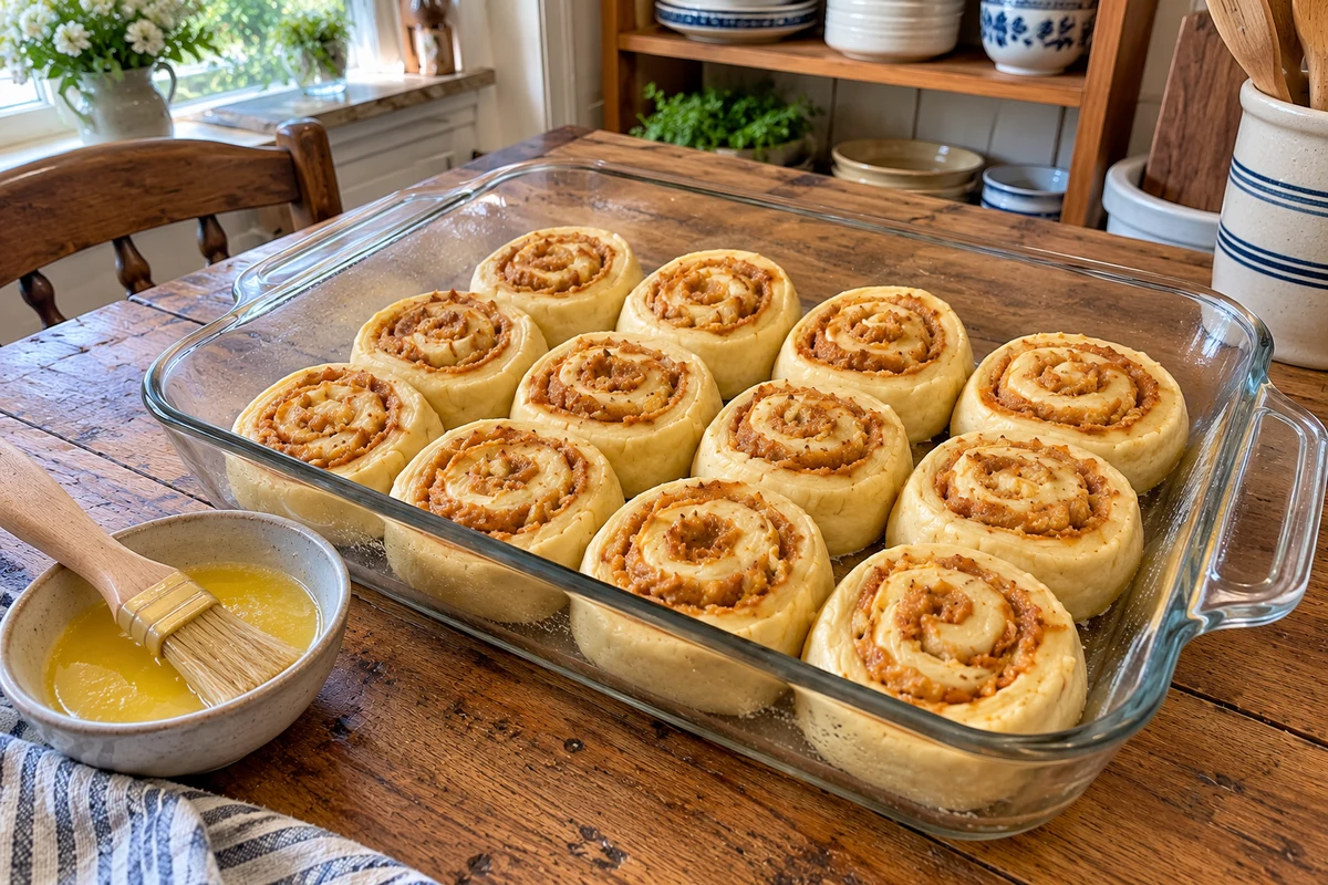 Sliced pumpkin crescent roll swirls arranged in a baking dish before baking