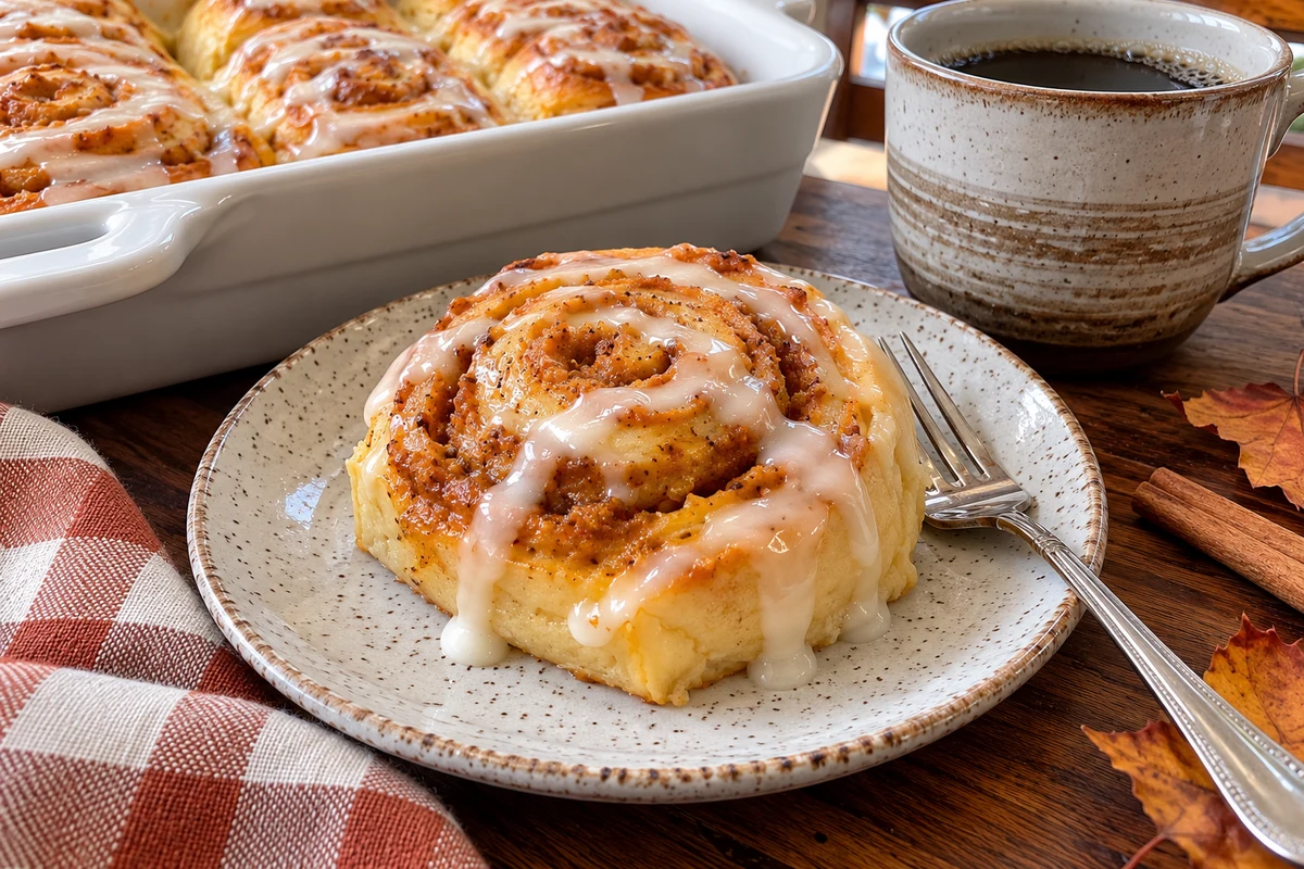 Close-up of one glazed pumpkin cream cheese crescent roll on a plate