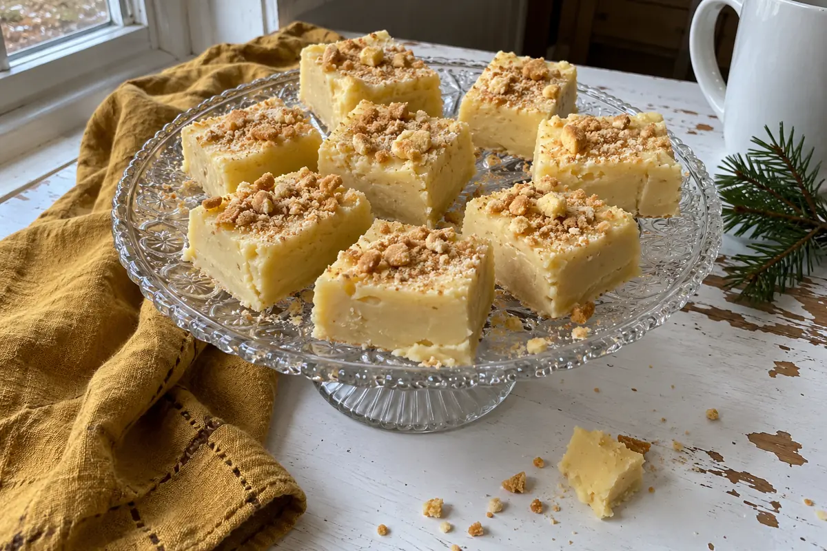 Squares of 1950s banana fudge for Christmas topped with crushed vanilla wafers on a vintage glass cake stand