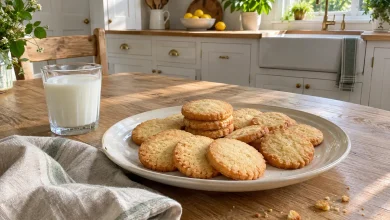 Golden 3-ingredient butter cookies on a white ceramic plate with a linen napkin and a small glass of milk on a farmhouse kitchen table