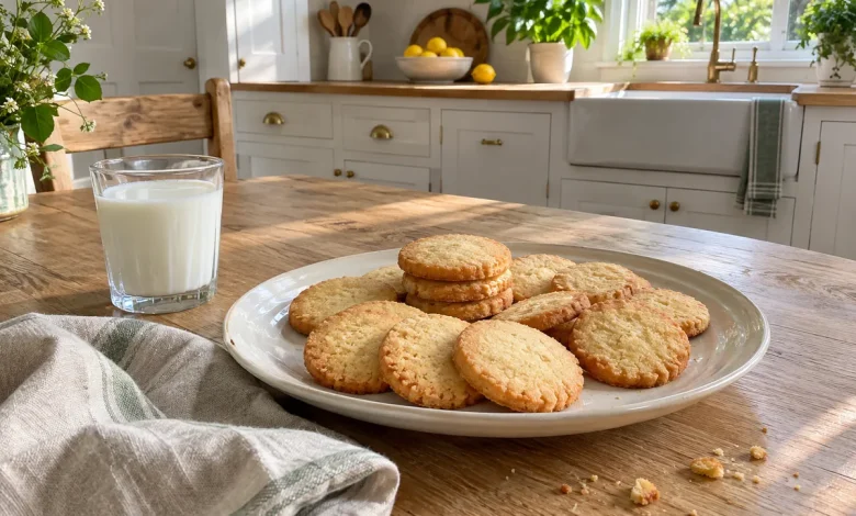 Golden 3-ingredient butter cookies on a white ceramic plate with a linen napkin and a small glass of milk on a farmhouse kitchen table
