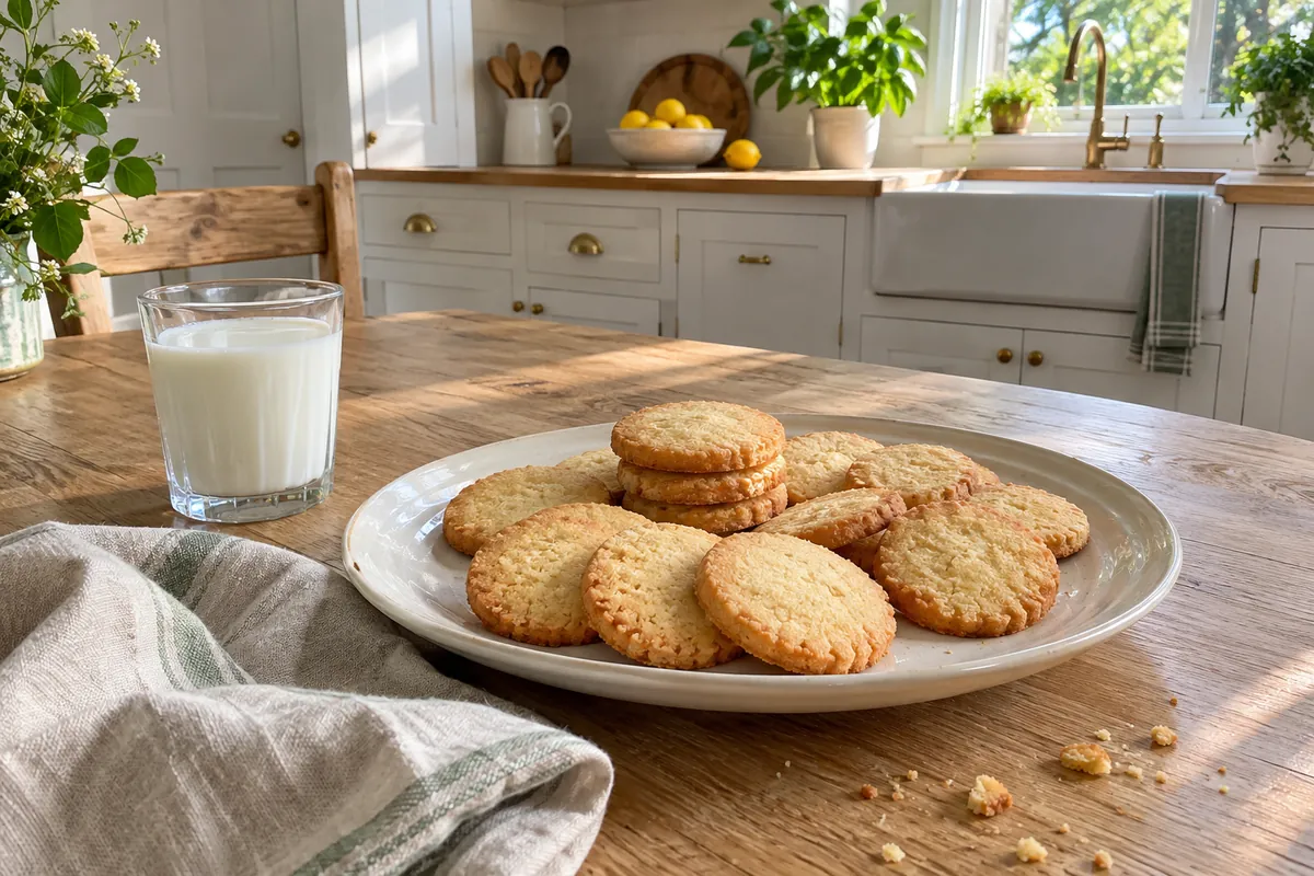Golden 3-ingredient butter cookies on a white ceramic plate with a linen napkin and a small glass of milk on a farmhouse kitchen table
