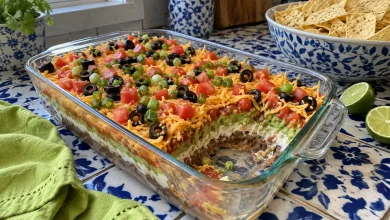 Classic 7 layer dip in a glass dish showing beans, sour cream, guacamole, salsa, cheese, tomatoes, olives and green onions