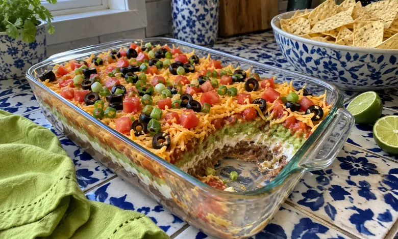 Classic 7 layer dip in a glass dish showing beans, sour cream, guacamole, salsa, cheese, tomatoes, olives and green onions