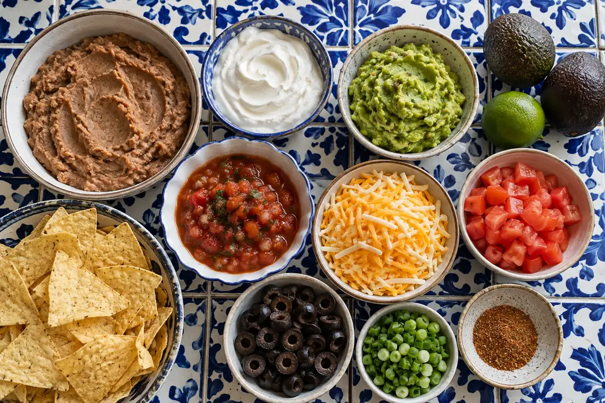 Ingredients for 7 layer dip: refried beans, sour cream, guacamole, salsa, shredded cheese, tomatoes, olives and green onions