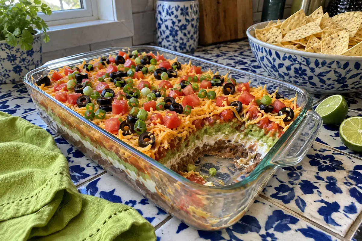 Classic 7 layer dip in a glass dish showing beans, sour cream, guacamole, salsa, cheese, tomatoes, olives and green onions