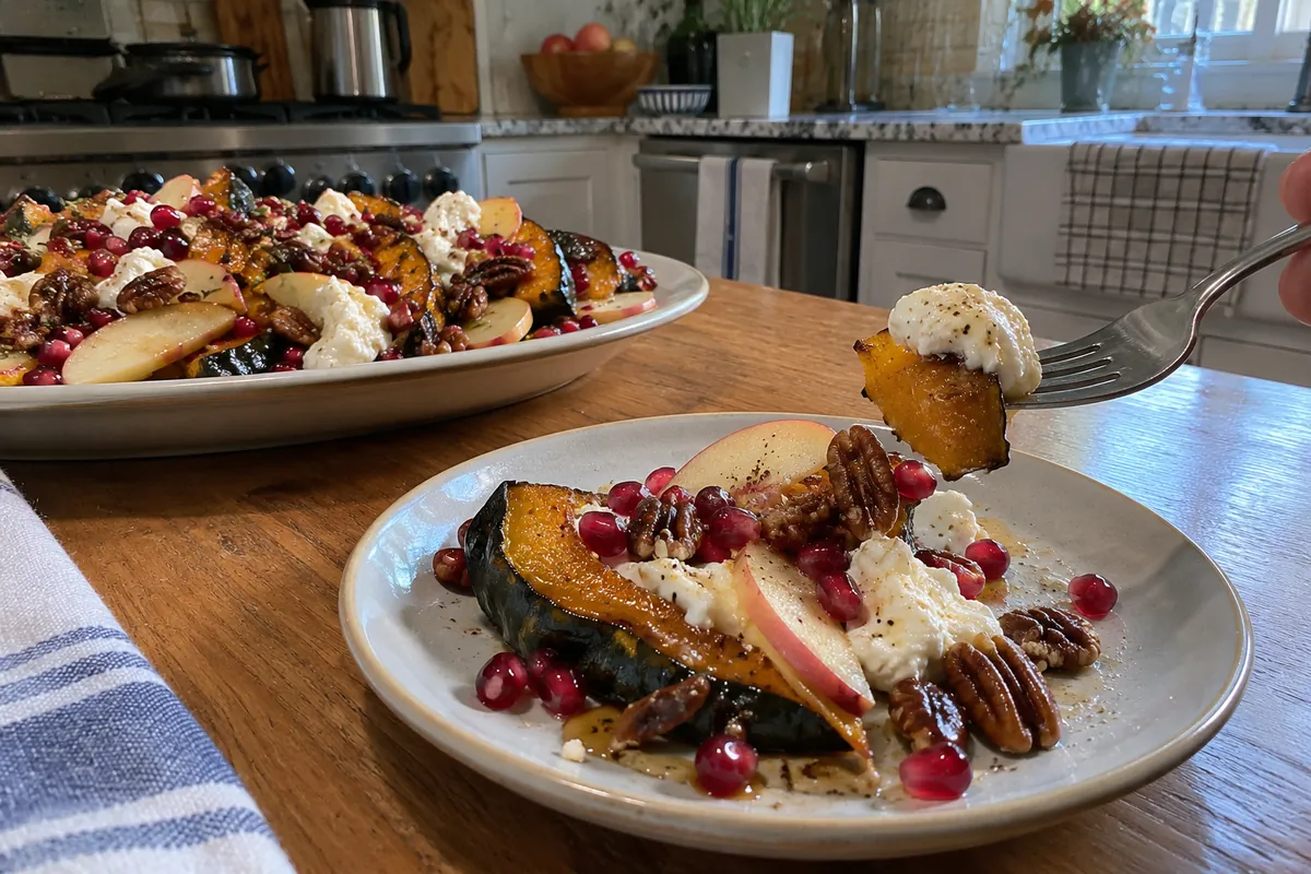 Fork lifting a bite of honey roasted acorn squash with creamy burrata from a small plate