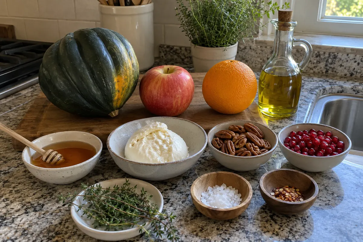 Ingredients for honey roasted acorn squash in plain bowls with a whole acorn squash and red apple