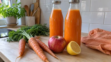 Apple and carrot refresher juice in tall glass bottles with fresh carrots and red apples