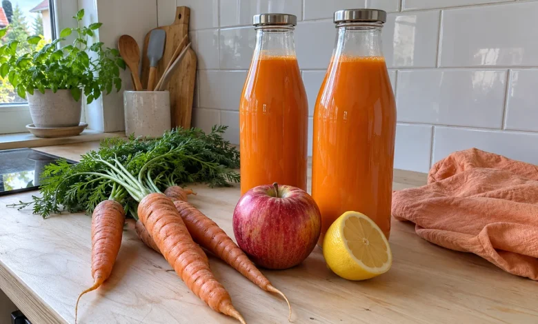 Apple and carrot refresher juice in tall glass bottles with fresh carrots and red apples