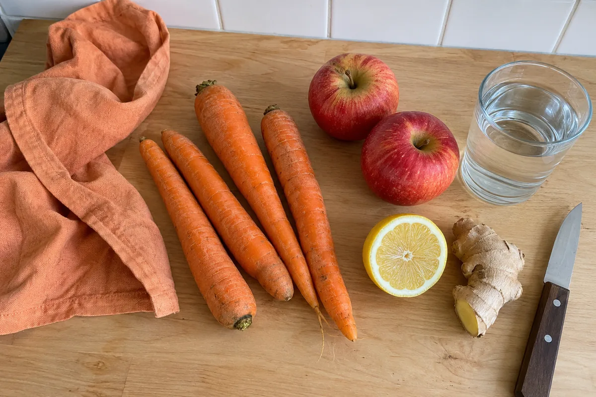 Ingredients for apple and carrot refresher: carrots, red apples, cold water, lemon and fresh ginger