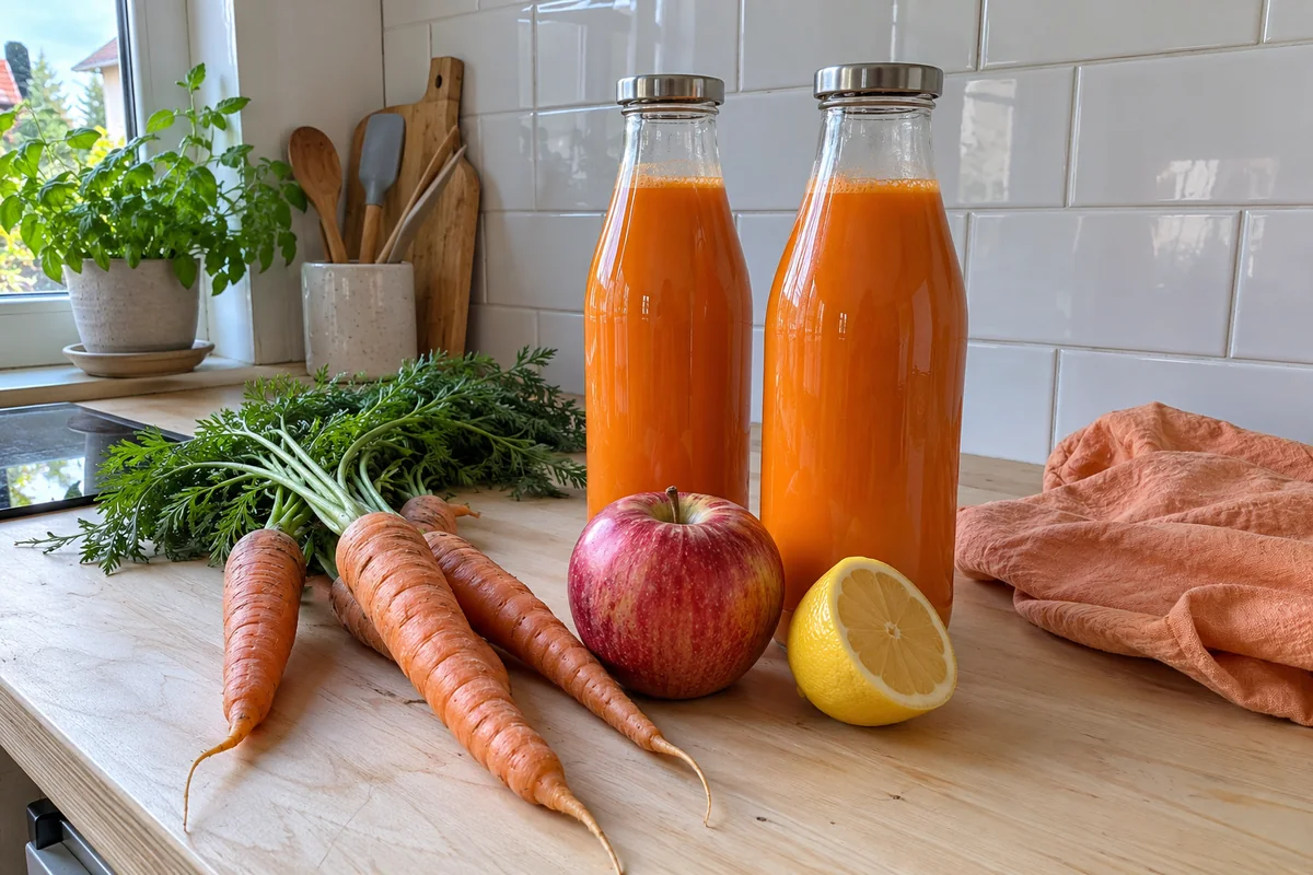 Apple and carrot refresher juice in tall glass bottles with fresh carrots and red apples