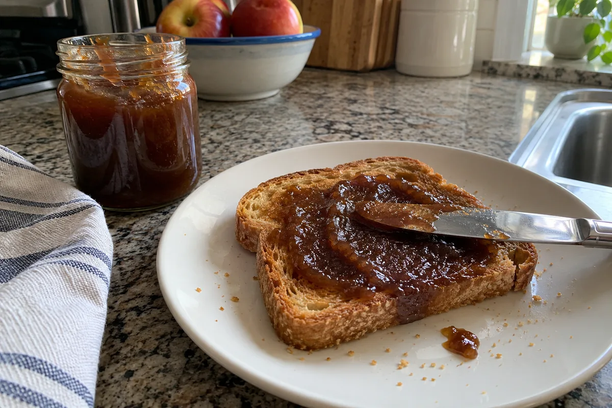 Knife spreading smooth dark apple butter onto a slice of toast