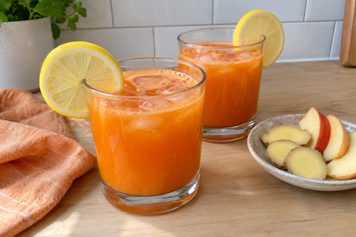 Two glasses of apple and carrot refresher over ice with lemon slices