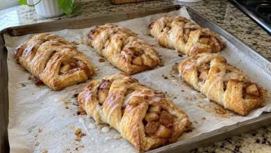 Golden braided apple cinnamon danish pastries on a parchment-lined baking sheet with white glaze and apple filling