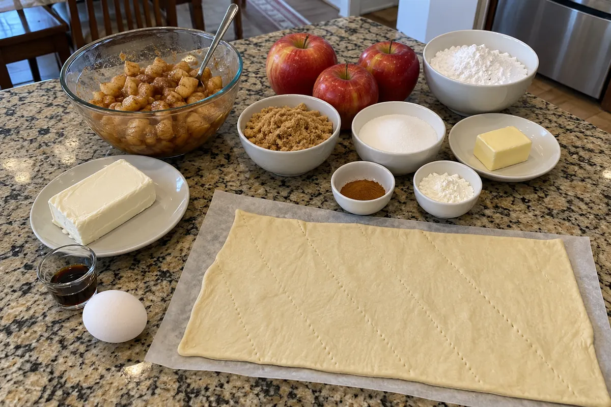 Ingredients for apple cinnamon danish on a granite counter: apples, cooked cinnamon apples, sugars, butter, cinnamon, cornstarch, cream cheese, vanilla, powdered sugar, an egg and crescent dough