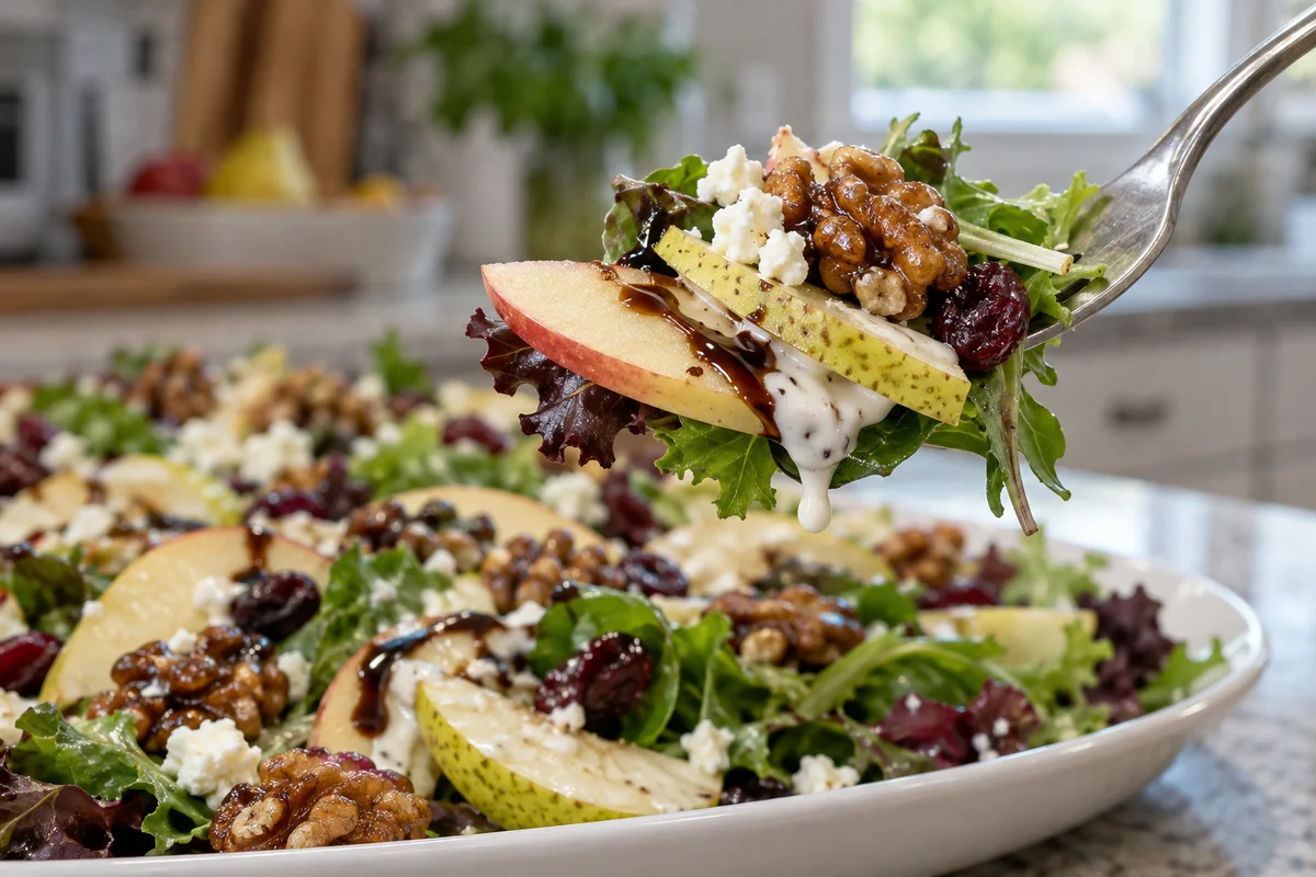 Close-up forkful of apple pear cranberry salad with feta, candied walnut and cranberries