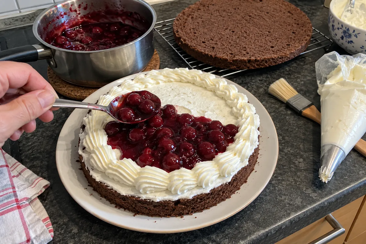 Spooning sour cherry filling onto a cream-covered chocolate sponge layer inside a piped whipped cream ring