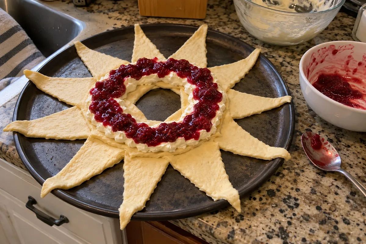 Crescent dough triangles arranged in a sunburst on a round pan with cream cheese and raspberry filling spooned in a circle