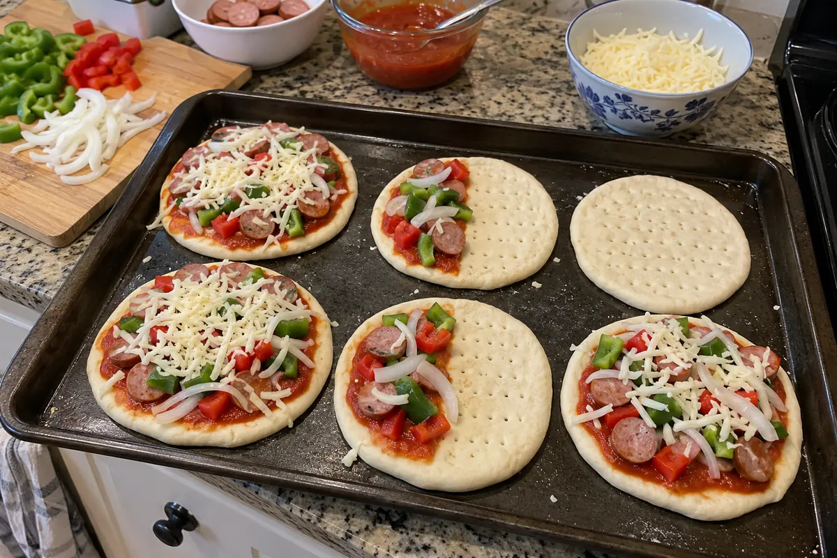 Unbaked homemade mini pizzas topped with sauce, sausage, peppers and mozzarella on a baking sheet