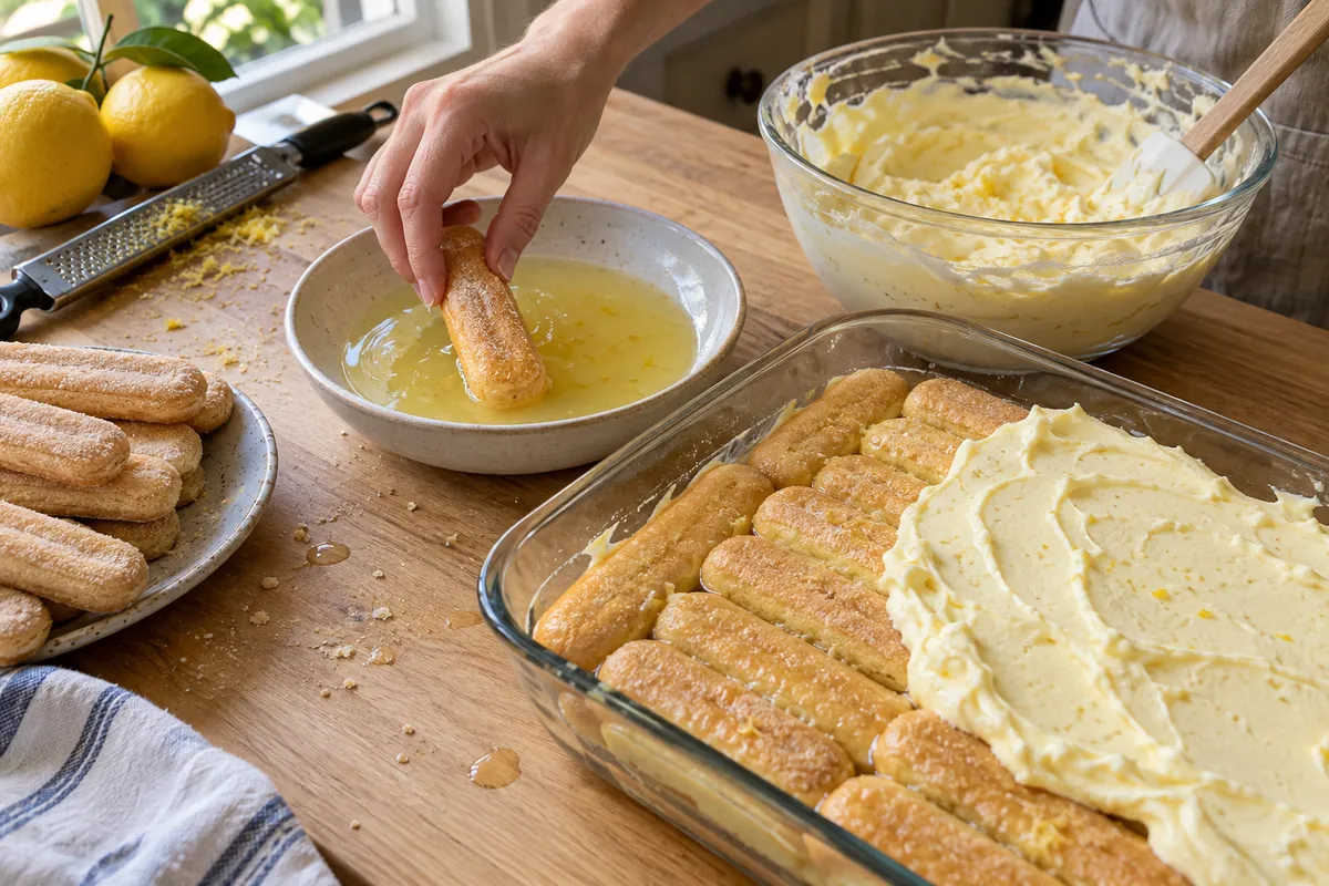 Dipping ladyfingers in limoncello syrup to assemble lemon tiramisu in a baking dish