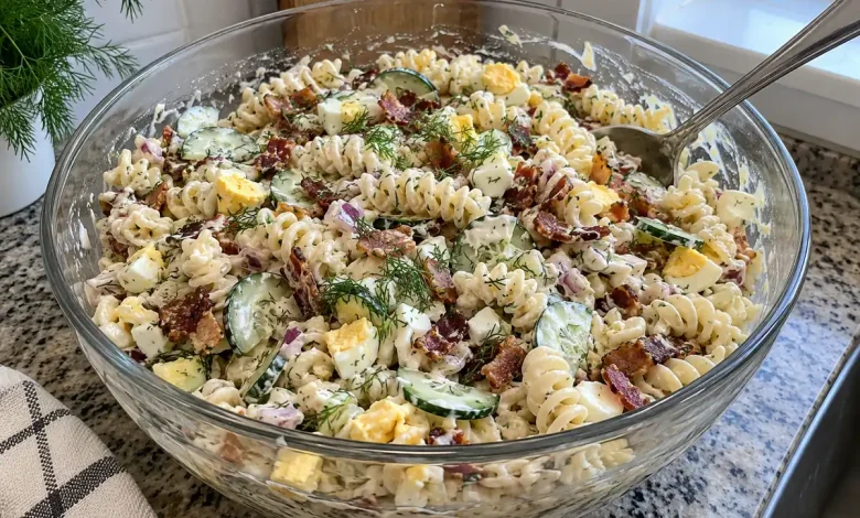Big glass bowl of loaded bacon and egg pasta salad with rotini, cucumber, chopped egg, red onion and fresh dill