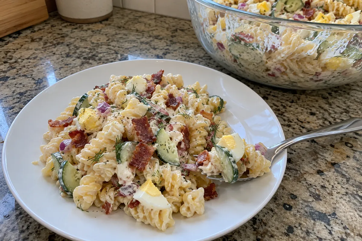 Serving of creamy bacon and egg pasta salad on a plate with a fork