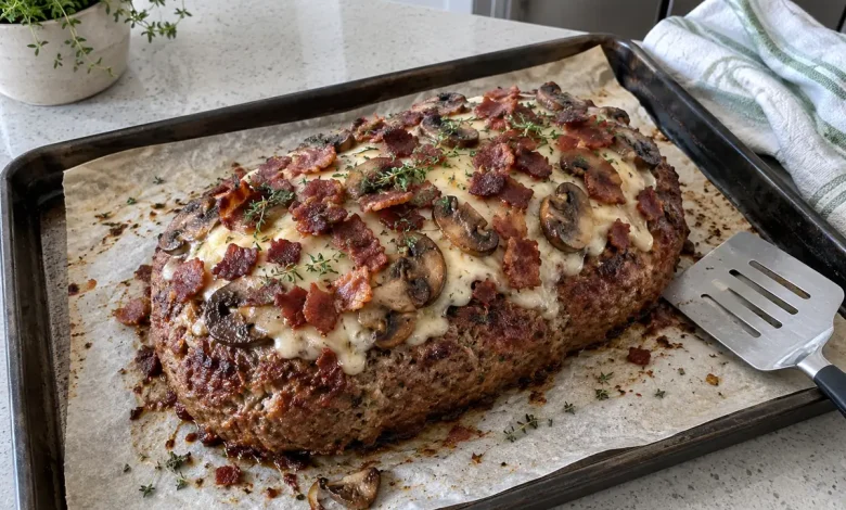 Bacon mushroom Swiss meatloaf topped with melted Swiss cheese, sauteed mushrooms and crispy bacon on a baking sheet