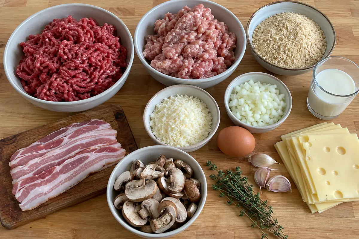 Ingredients for bacon mushroom Swiss meatloaf: ground beef, ground pork, breadcrumbs, milk, Parmesan, onion, egg, garlic, bacon, mushrooms and Swiss cheese