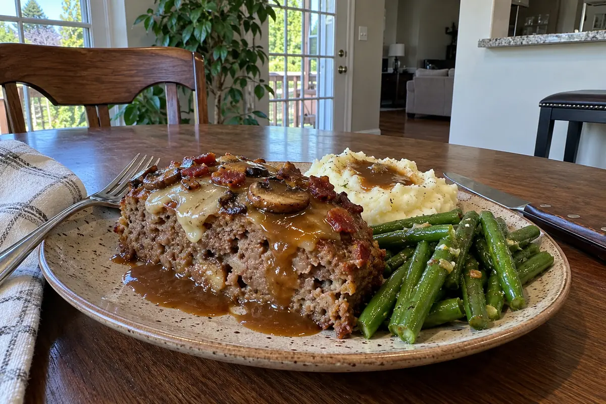 A slice of bacon mushroom Swiss meatloaf with brown gravy, mashed potatoes and green beans