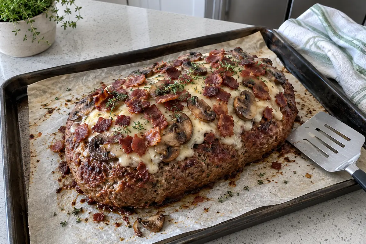 Bacon mushroom Swiss meatloaf topped with melted Swiss cheese, sauteed mushrooms and crispy bacon on a baking sheet